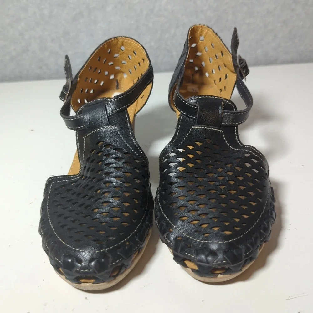 Womens Black Woven T-Strap Wedge Leather Sandals Casual Comfort Shoes Meian Sz 8